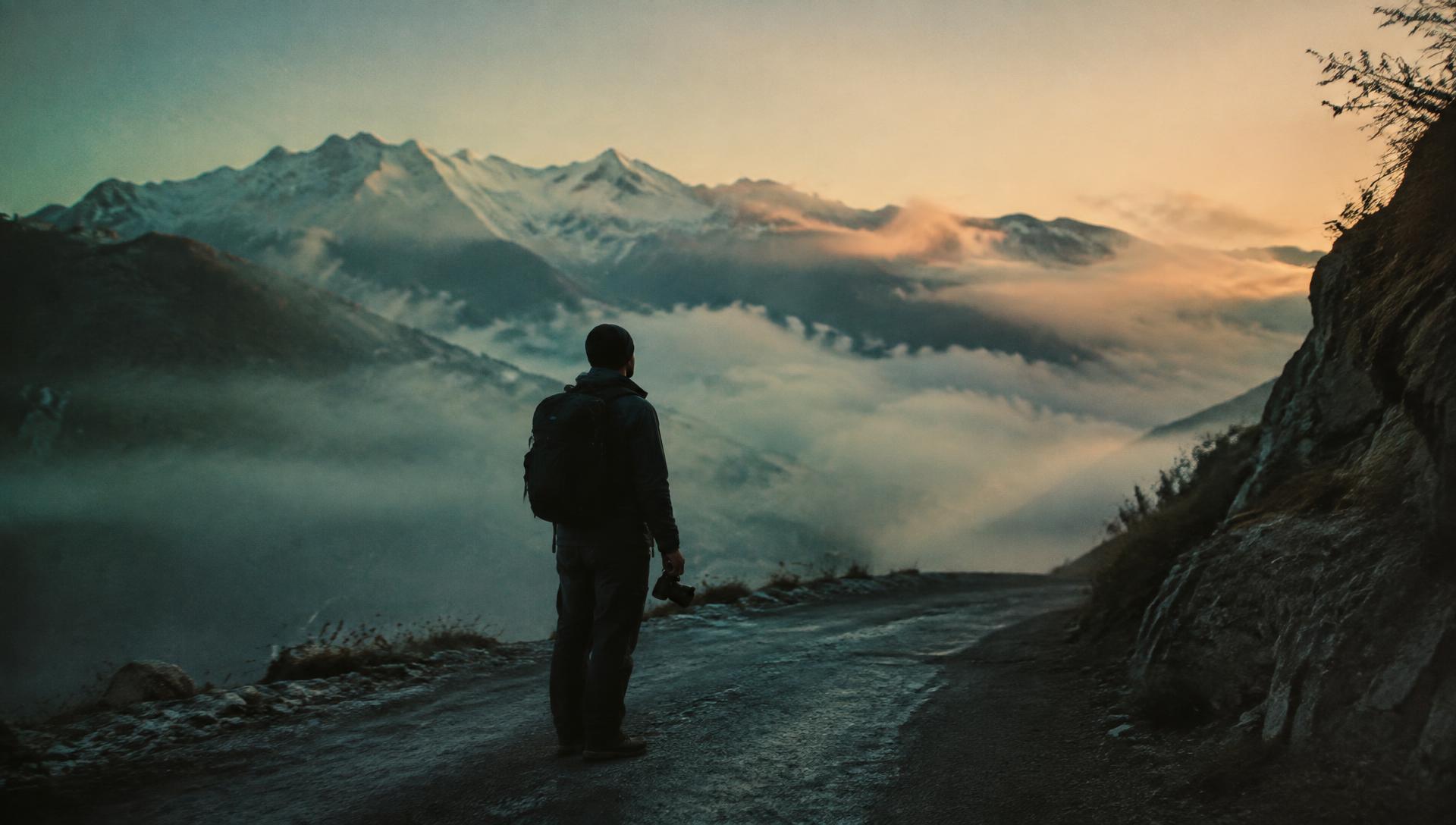Arjun Sen on a misty Himalayan road at dawn