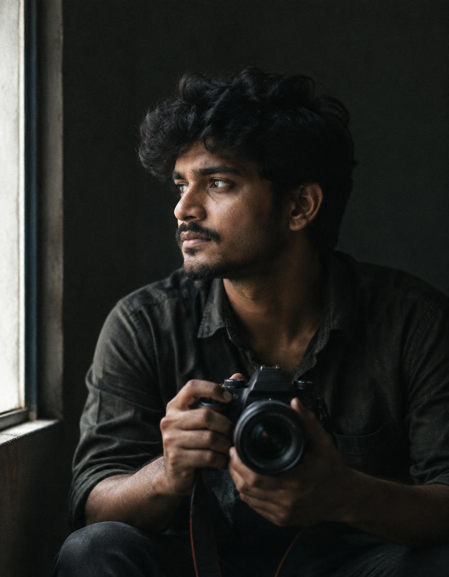 Portrait of Arjun Sen with his camera